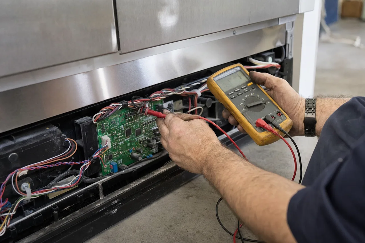 Multimeter leads on the terminals of a green appliance control board pulled out from behind a stainless kick panel