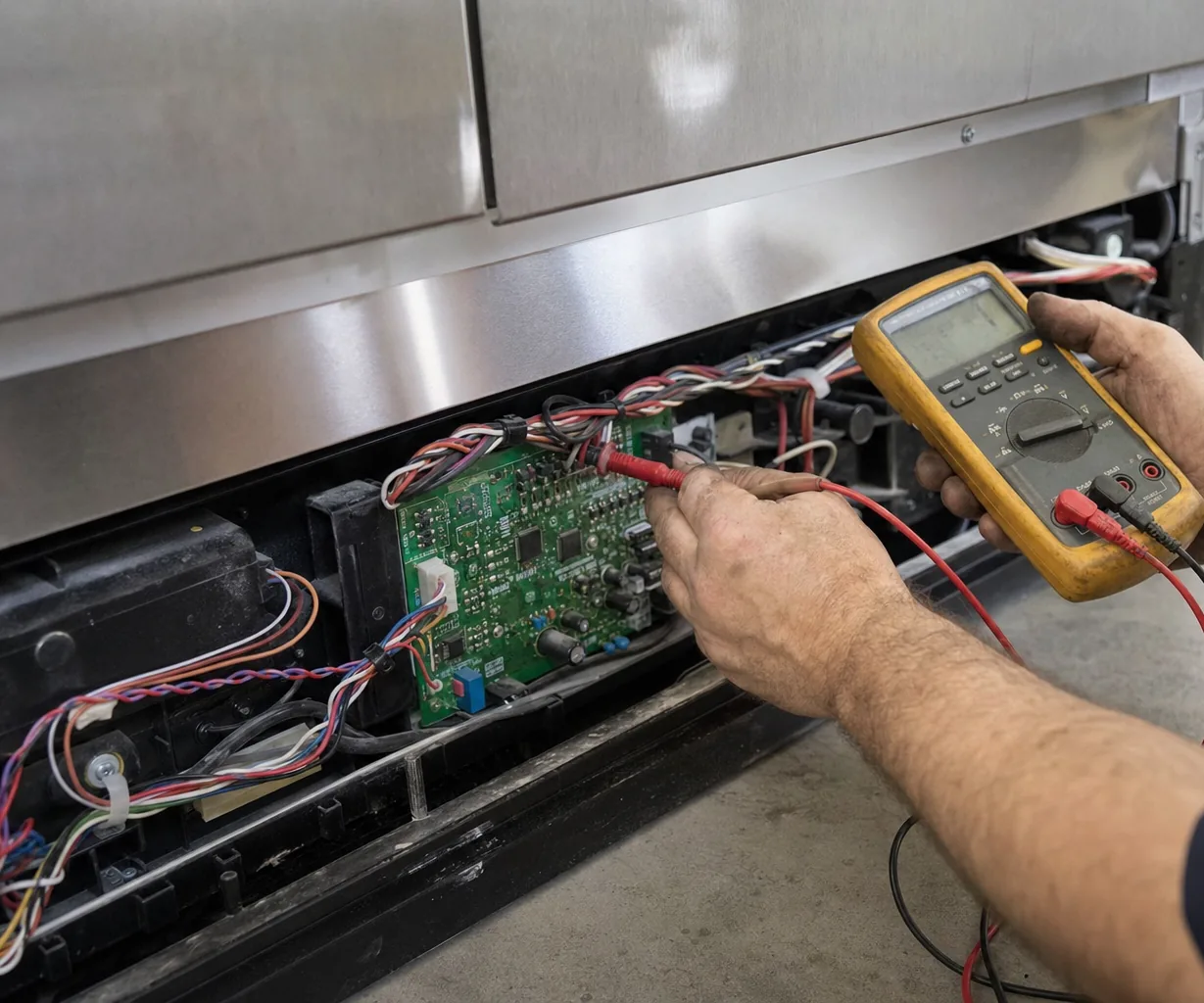 Two hands steadying meter probes against a ribbon connector on an appliance control board