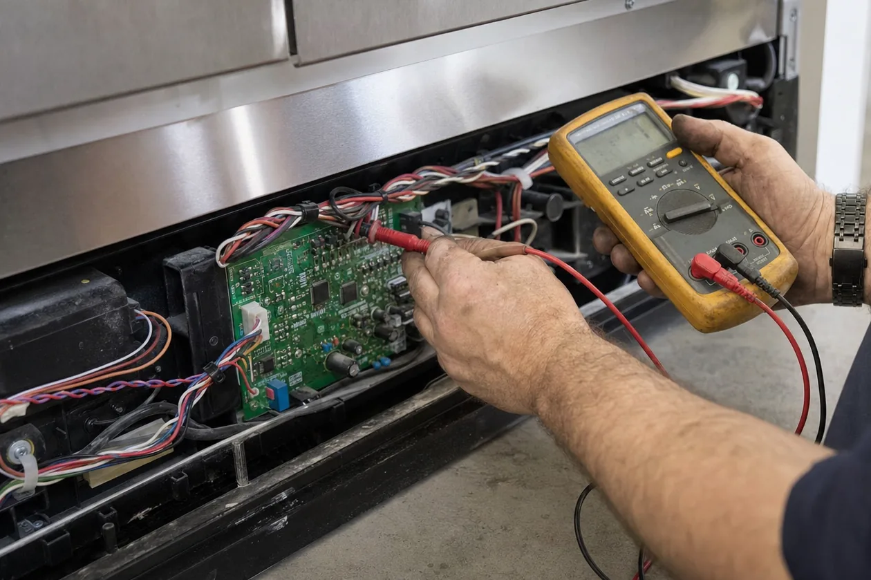 Bench-level frame of hands and meter leads on an appliance control board with the wiring fanned out behind