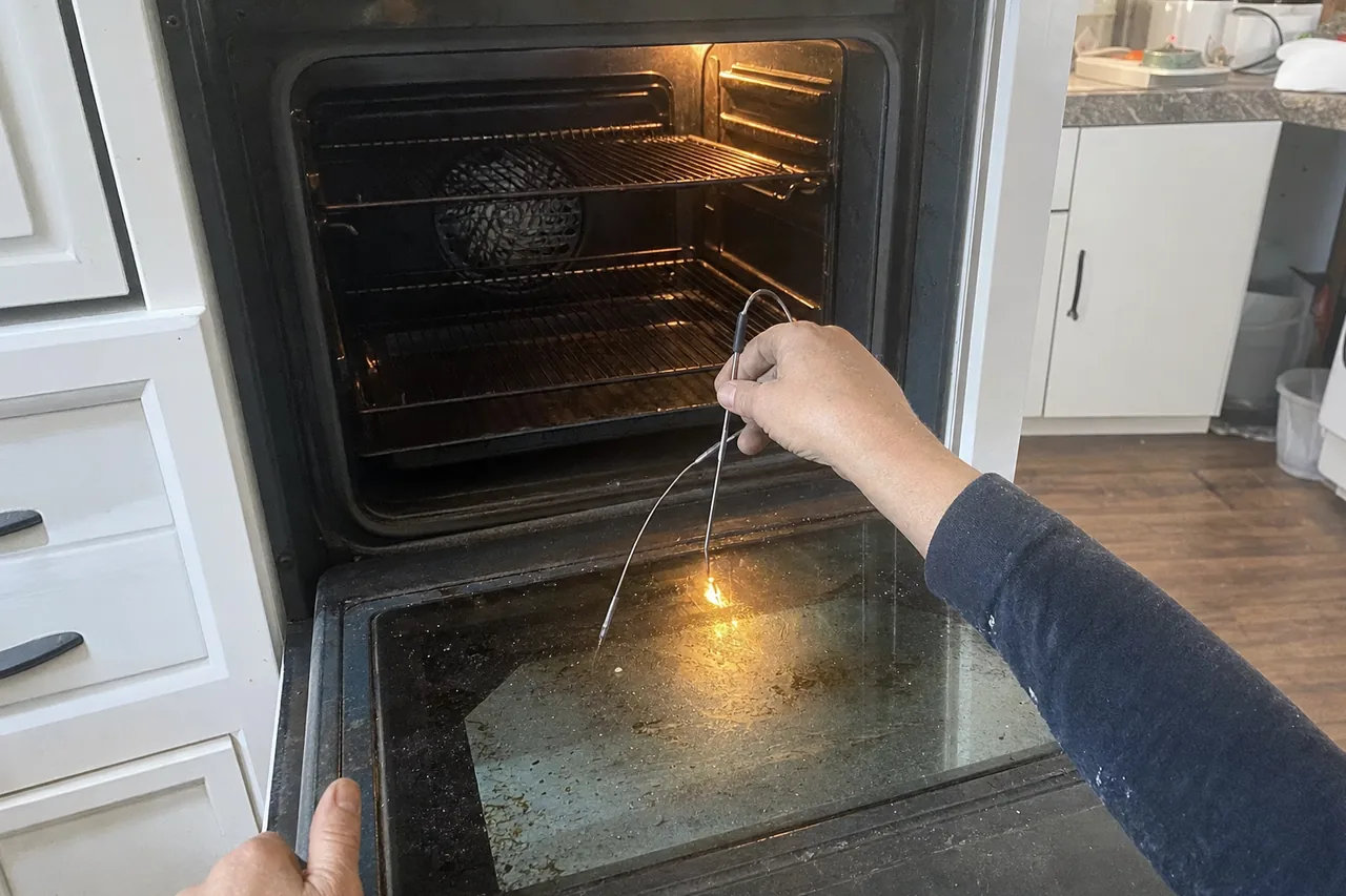Hand holding a thermocouple probe inside a lit wall oven cavity, the door dropped open onto its greased glass