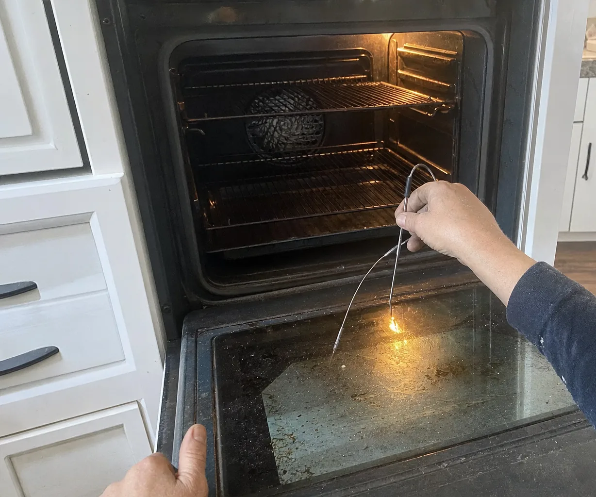 Left-hand crop of an open oven door with the interior lamp on and a probe lead running to the rack
