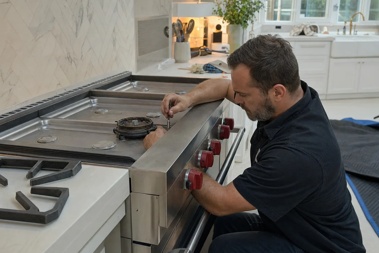 Technician kneeling at a stainless professional gas range, lifting a burner cap off the cooktop with the red control knobs at eye level