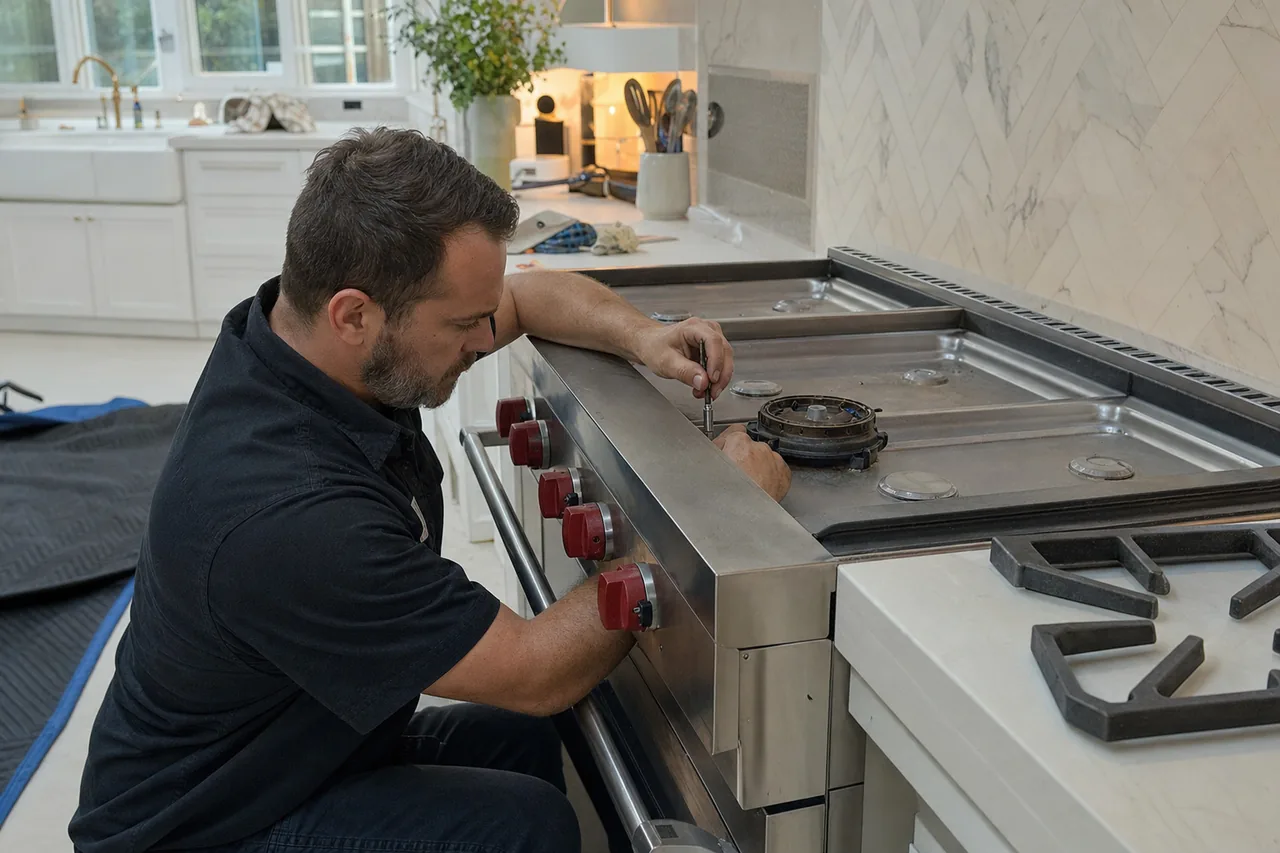 Burner head and cast iron grate removed from a professional gas rangetop and laid out on a protective mat
