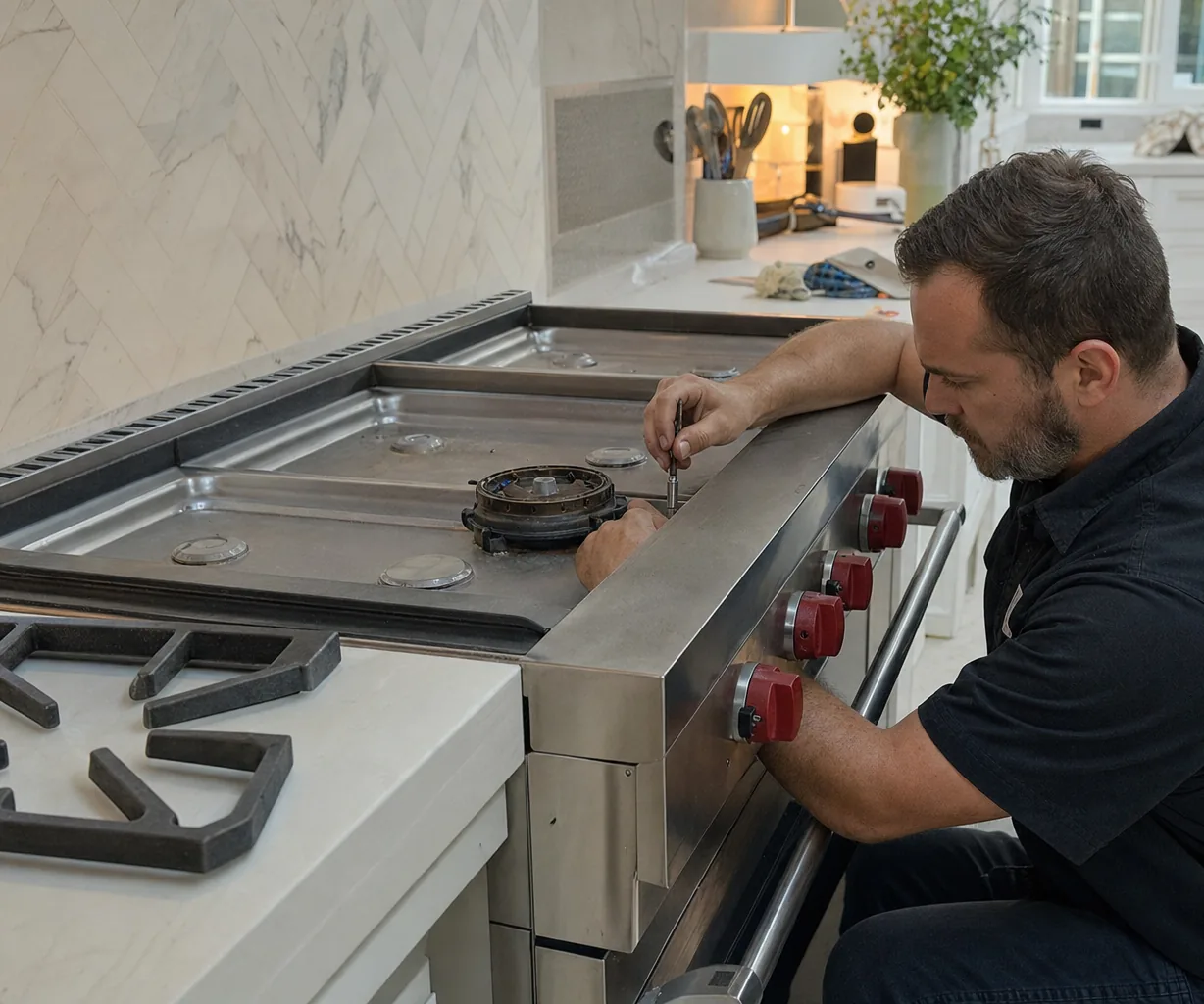 Tight frame on a dismantled surface burner with the spark electrode standing clear of the burner base