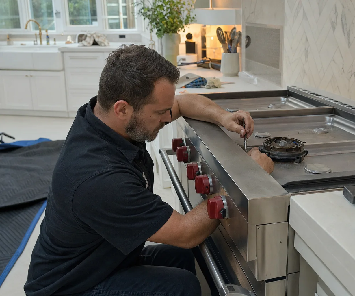 The cooking surface a hood has to clear: an open professional rangetop with its grates lifted away