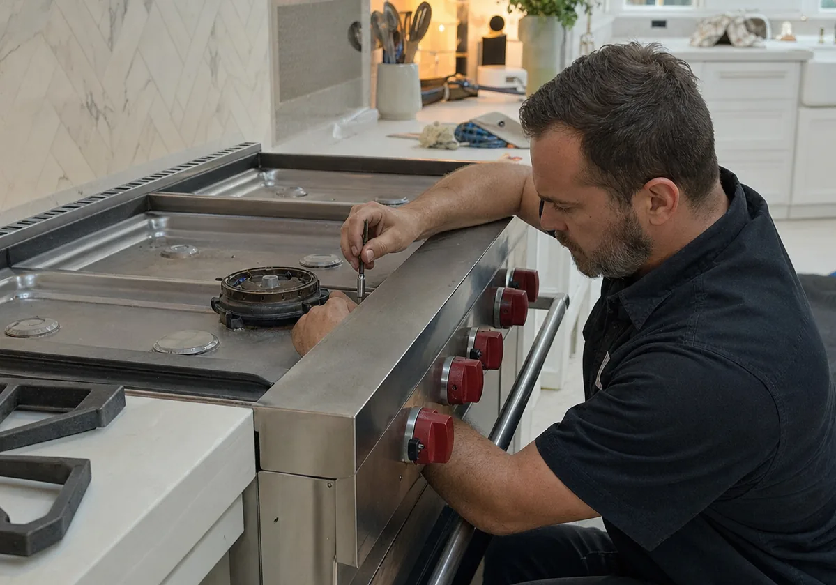 Wide kitchen frame over an open professional range with the extraction canopy above the cooking surface