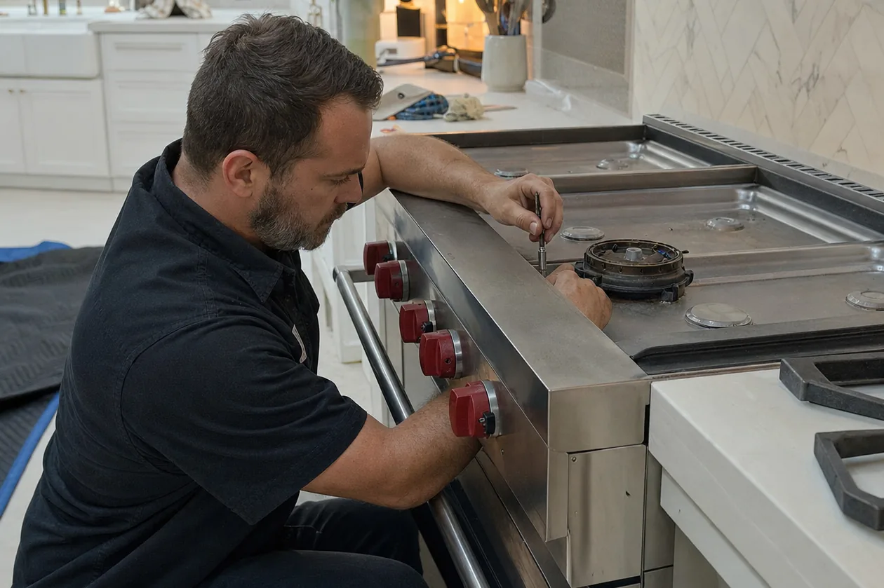 Close crop of a stainless cooktop with one burner dismantled and the cast grates set aside on the counter