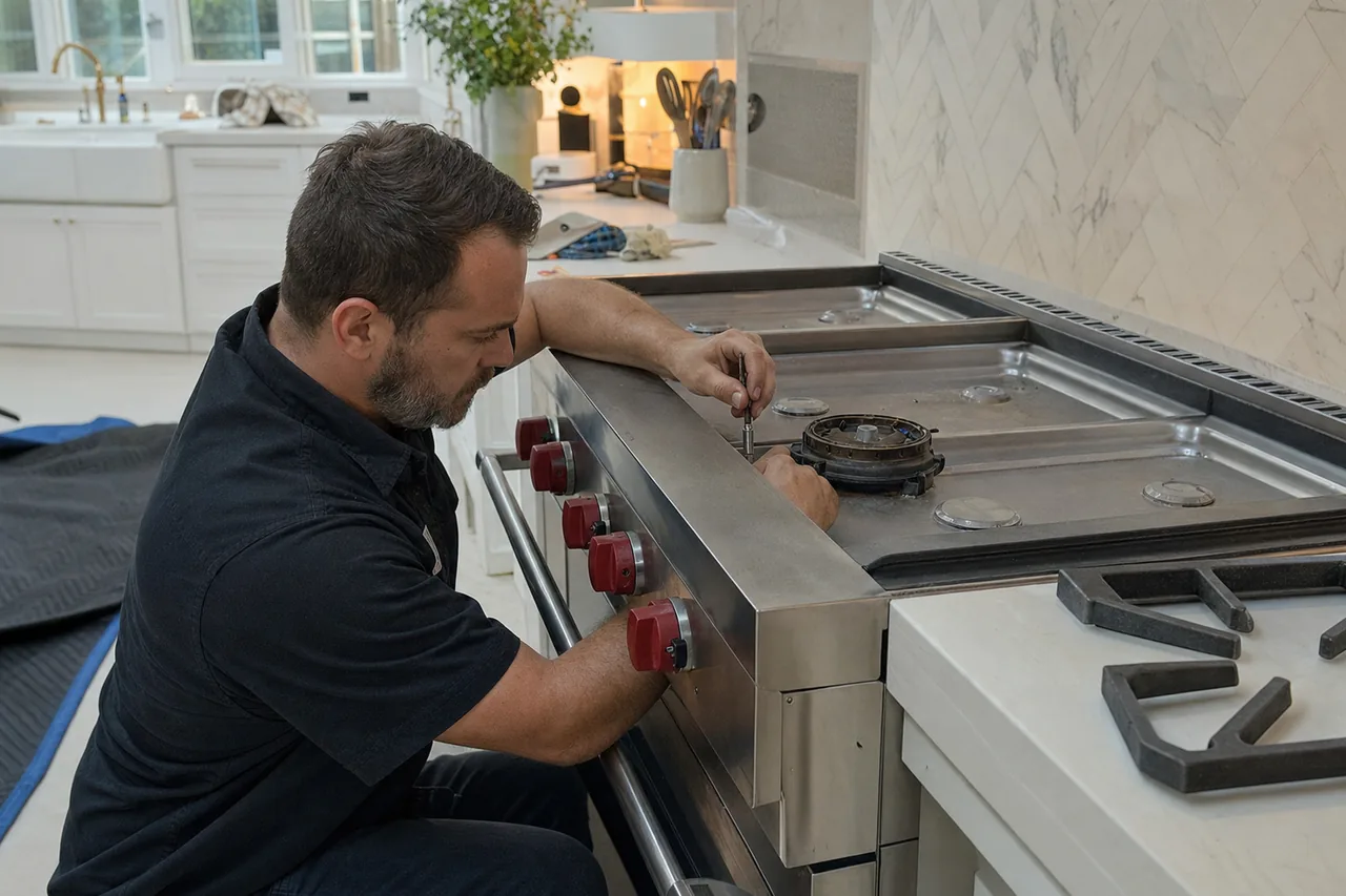 Professional range with a burner assembly laid out beside it, the job opened up before any figure is given