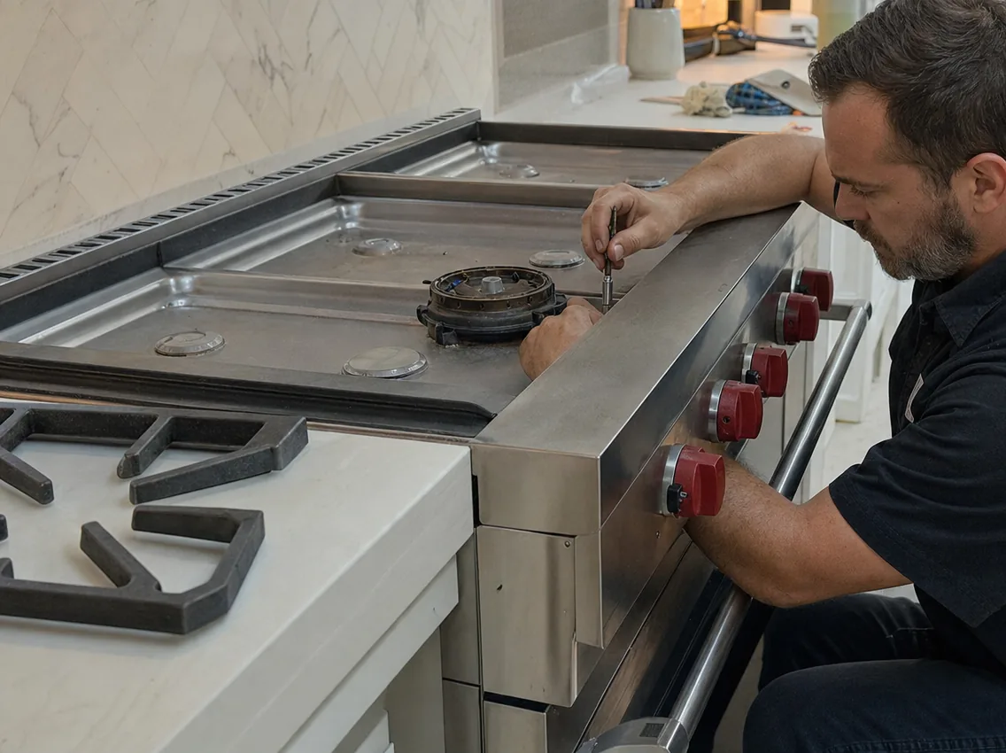 Low frame along the front of a stainless professional range, control knobs and oven handle running out of the shot