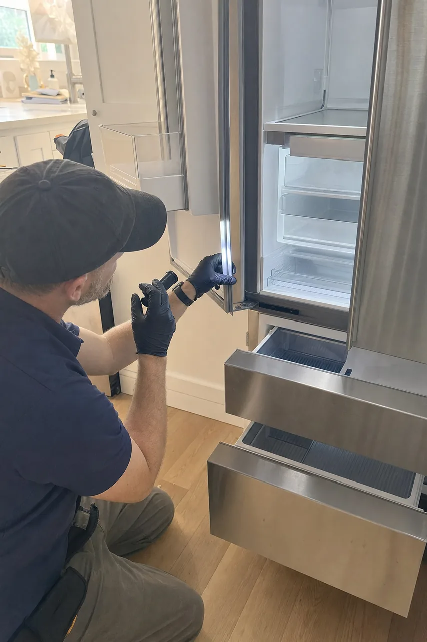 Technician crouched at an open built-in refrigerator column, working on the freezer drawer runner