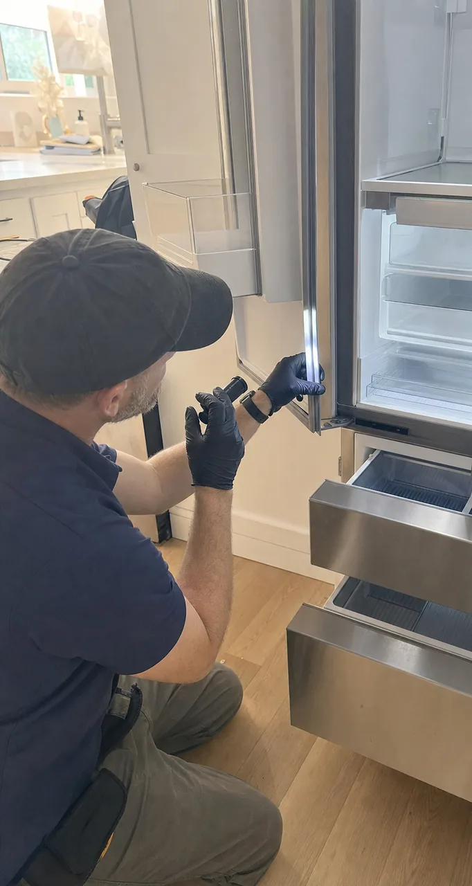Open built-in refrigerator column with the lower drawer withdrawn and a hand tool resting on the frame