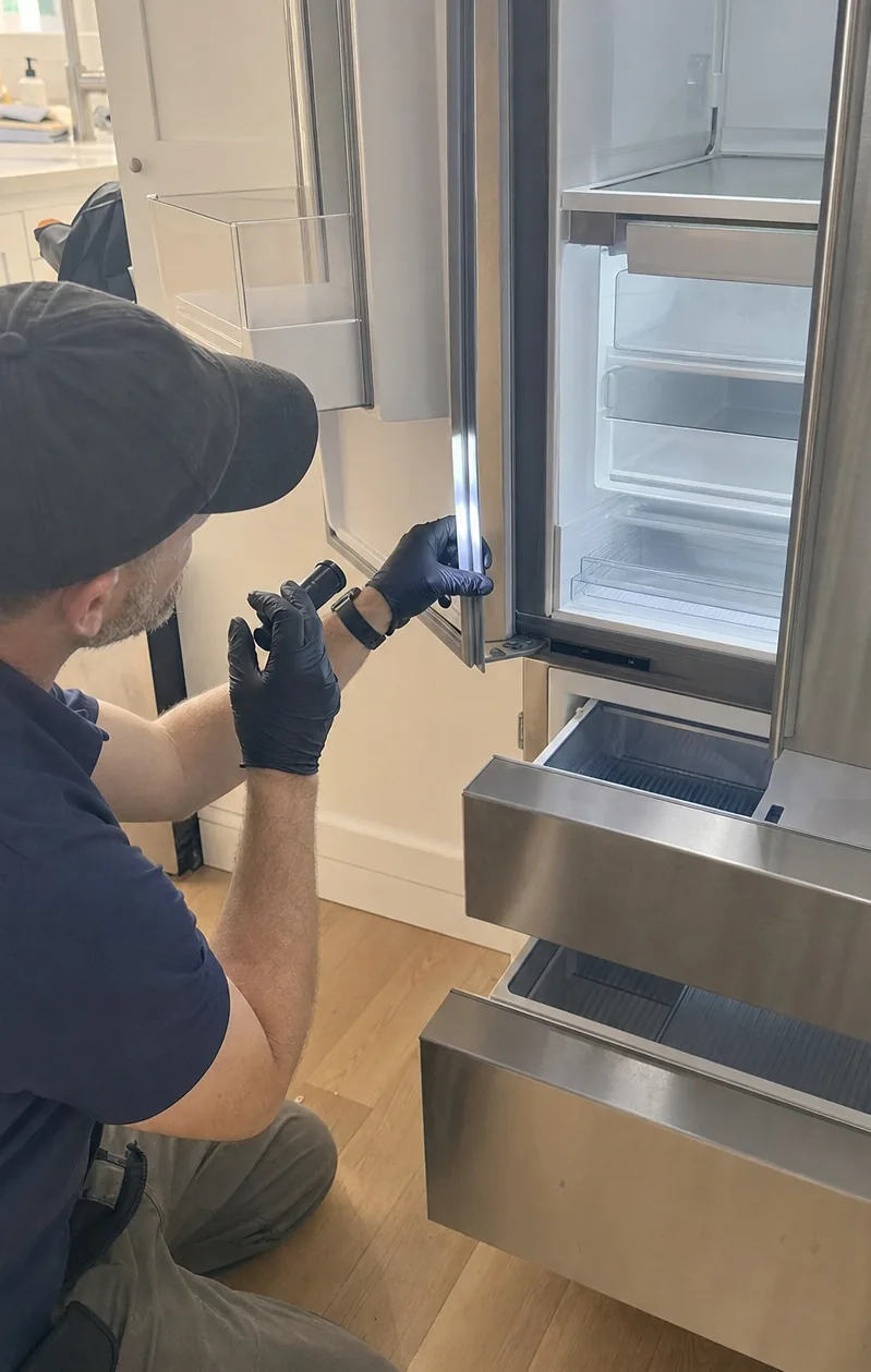 Narrow frame of a service call at an open refrigerator column wedged into a tight cabinet run