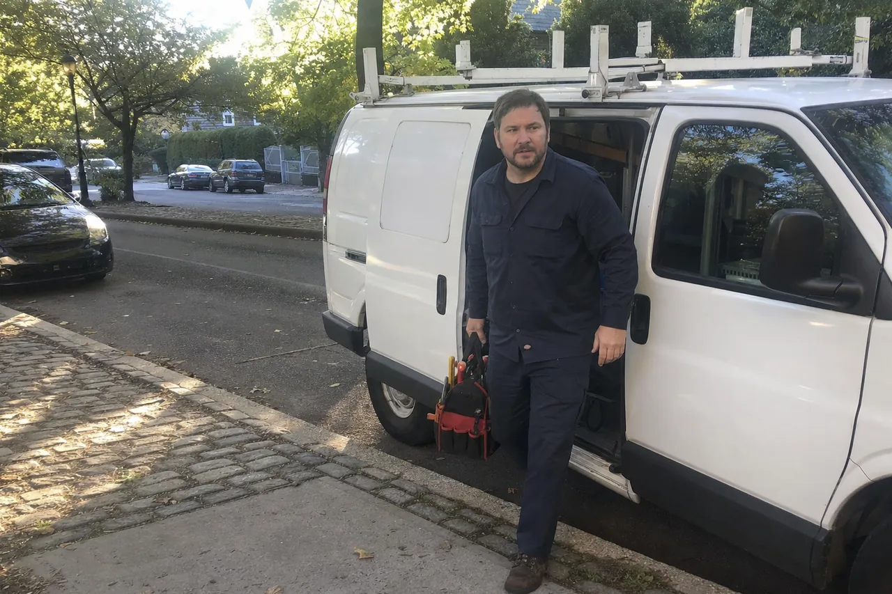 Technician stepping out of a white service van at the kerb, roof rack loaded, tool bag in hand
