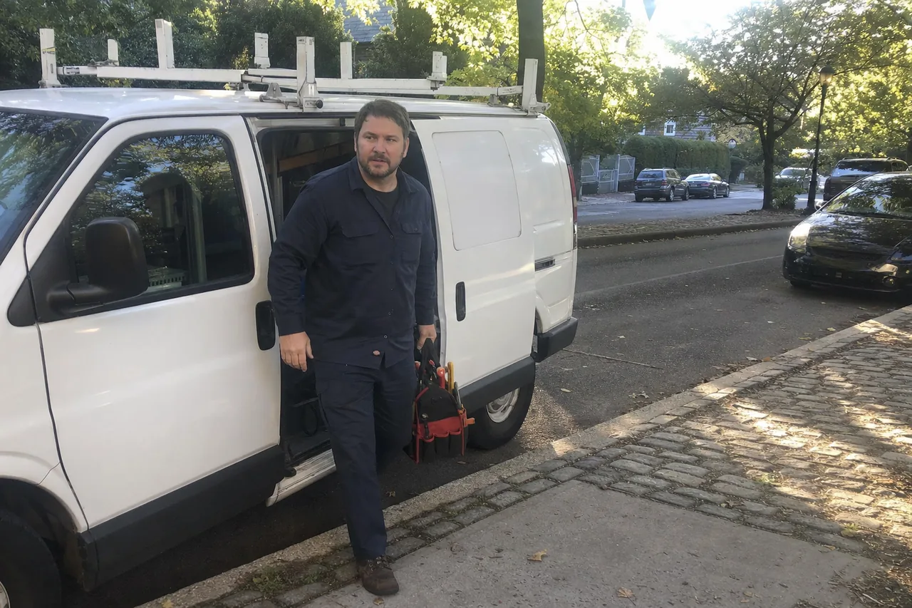 Mirrored street view of a service van parked ahead of a row of houses on a residential block