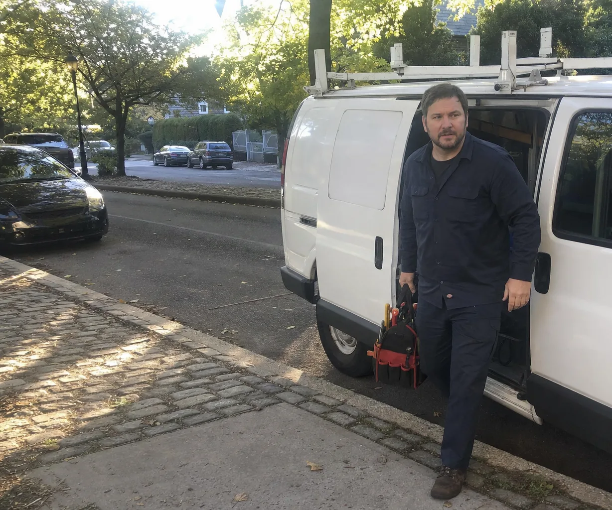 White service van at the kerb of a shaded residential street with its side door slid open on the toolboxes