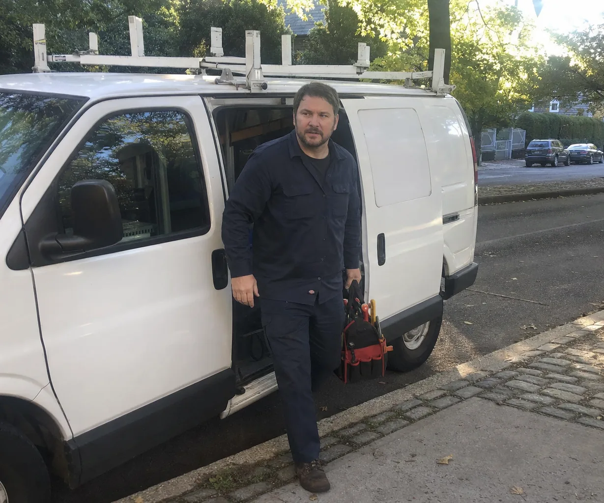 Service van parked on a brick driveway under mature trees, technician stepping down with a tool bag