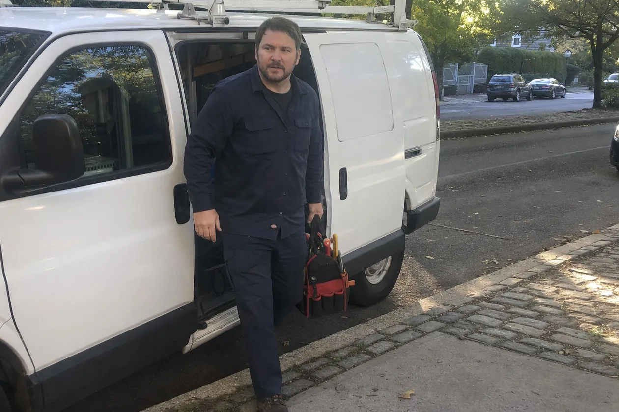 Quiet residential kerb with the service van doors closed and the street empty behind it
